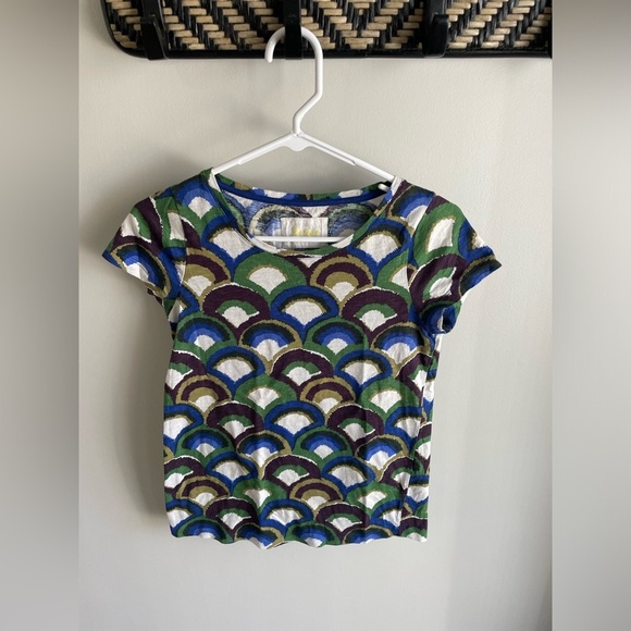 Boden Fan Scallop Print Alyssa Miller Collection Tee Shirt - Blue/Green - Size 2 - Picture 2 of 9